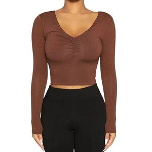 Naked Wardrobe Form-Fitting Long-Sleeve Brown Crop Top Ruched Center Size S